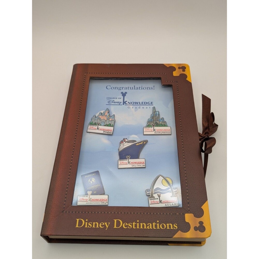 Disney Destinations College of Knowledge Graduate 5 Pin Set Display Book Box